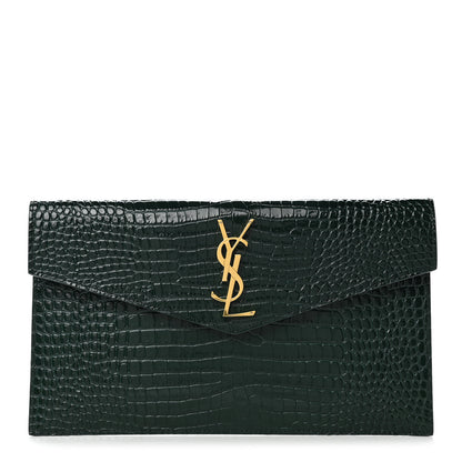 Saint Laurent Calfskin Crocodile Embossed Uptown Monogram Pouch Mint 1 of 9