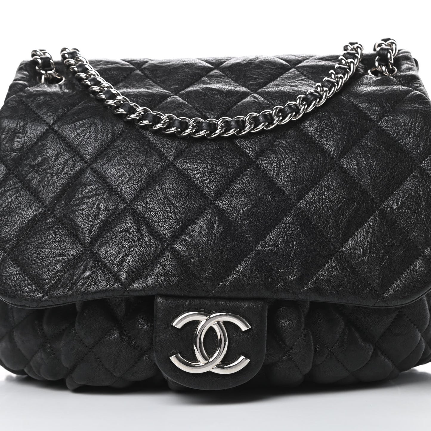 Washed Lambskin Quilted Large Chain Around Flap Black