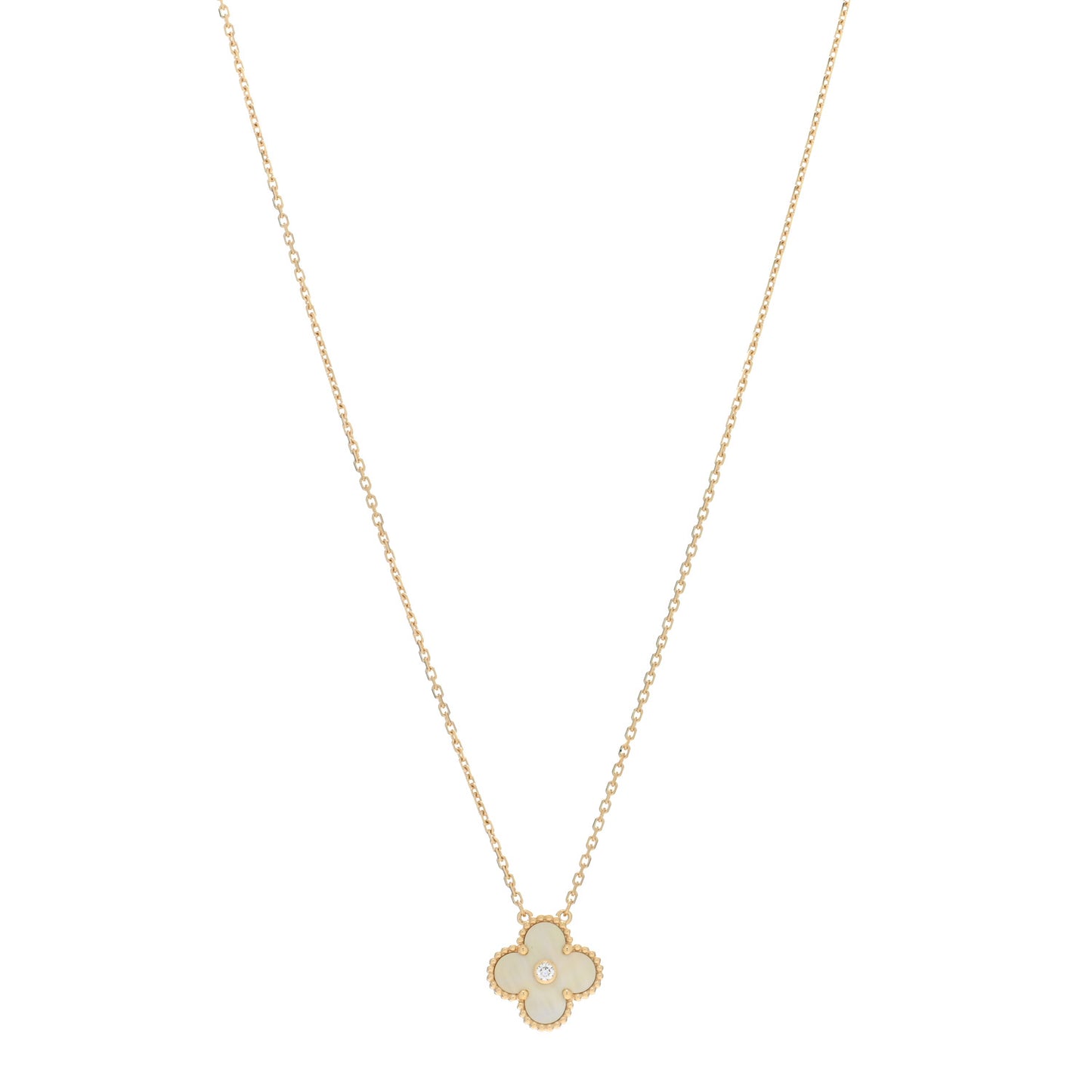 18K Yellow Gold Diamond Yellow Mother of Pearl Vintage Alhambra Pendant Necklace