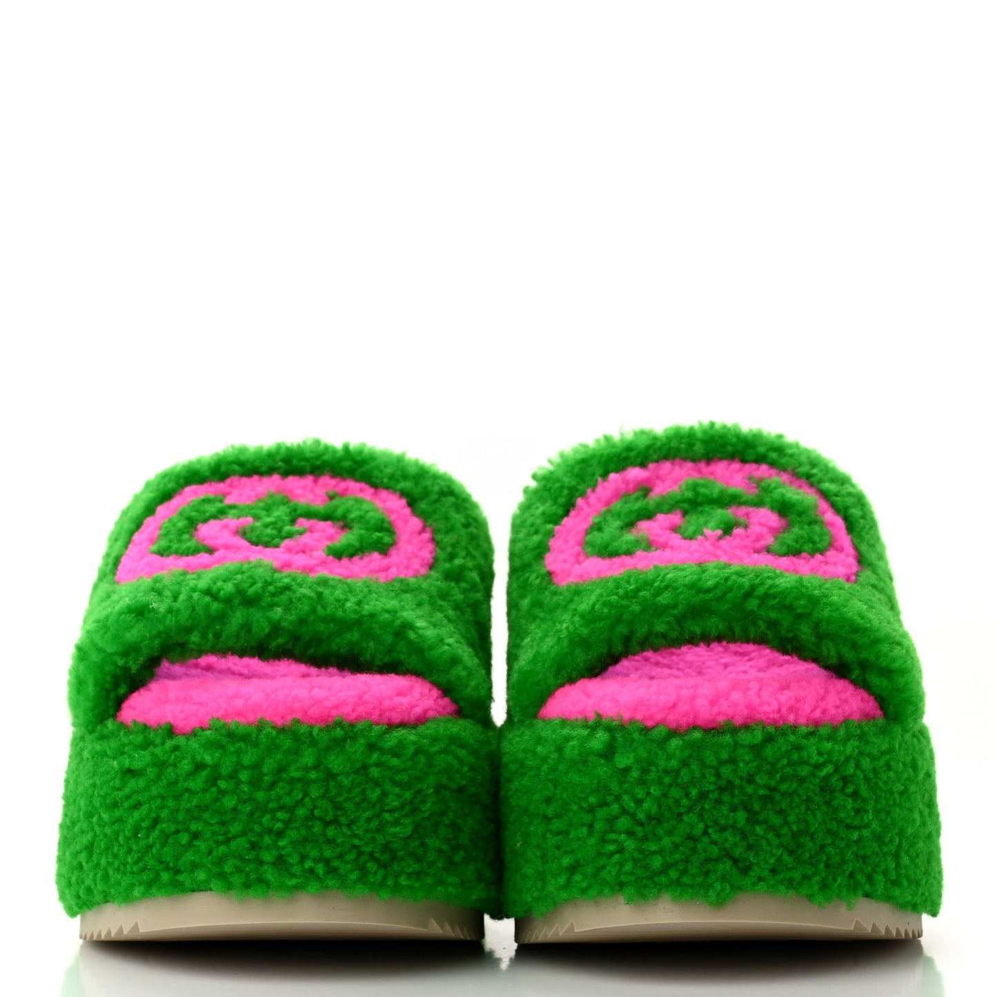 Shearling Interlocking G Womens Elea Platform Slide Wedge Sandals 36 Green Fluo Fuxia Fluo