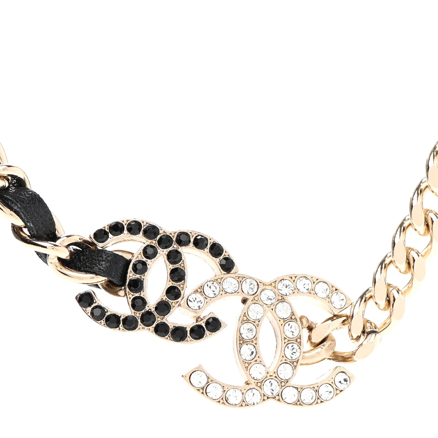 Metal Calfskin Crystal Double CC Short Necklace Black Gold