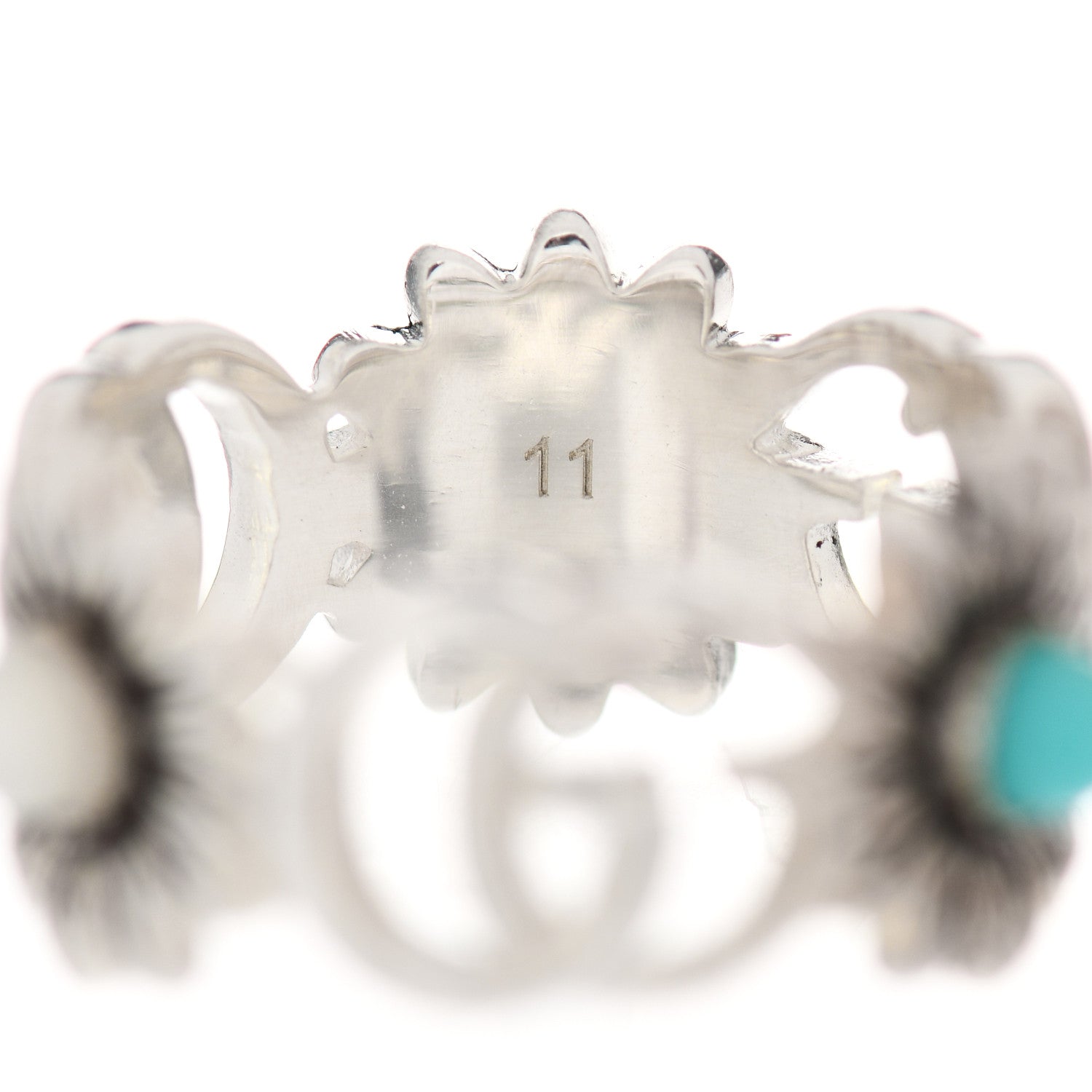 Gucci Sterling Silver Mother of Pearl Blue Topaz Flower Marmont Double G Ring 50 5.25 5 of 6
