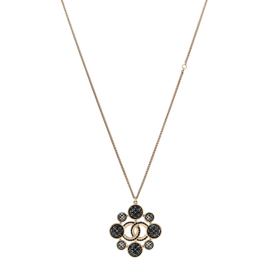 Gripoix Poured Glass Crystal CC Pendant Necklace Black Gold
