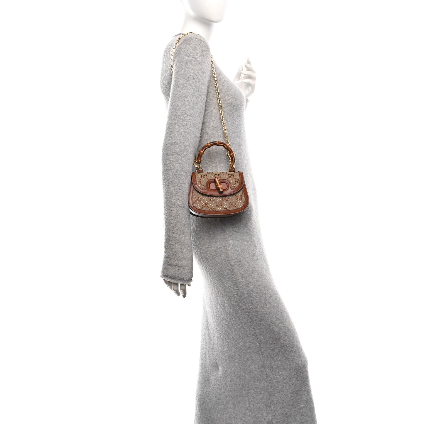 New Canvas Charisma Calfskin Crystal GG Monogram Small Bamboo 1947 Top Handle Bag Camel Ebony
