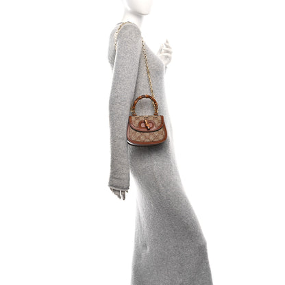 Gucci New Canvas Charisma Calfskin Crystal GG Monogram Small Bamboo 1947 Top Handle Bag Camel Ebony 2 of 9