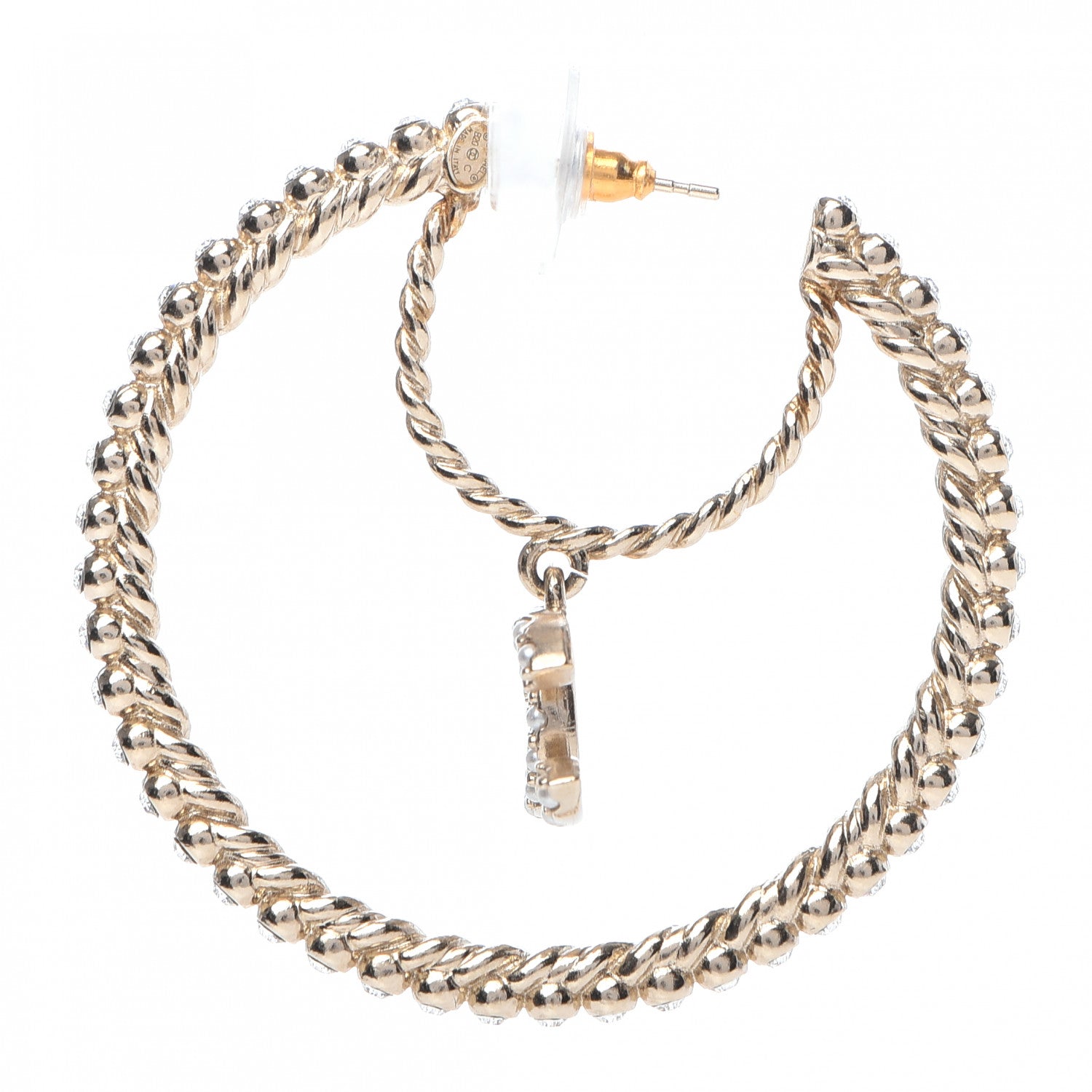 Chanel Crystal Pearl CC Drop Hoop Earrings Gold Pearly White 3 of 5