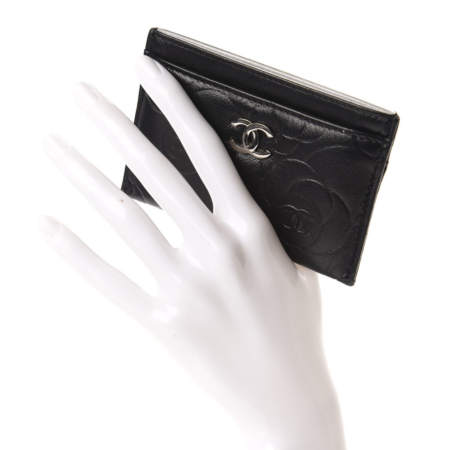 Lambskin Camellia Embossed Card Holder Black