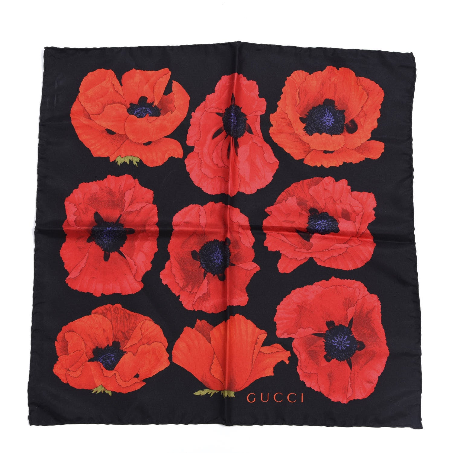 Gucci Silk Poppy Print Square Scarf Black Red 1 of 3