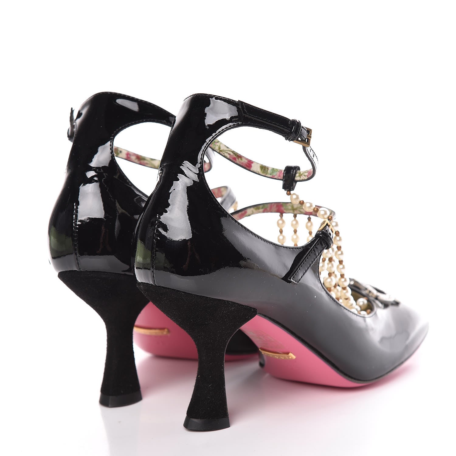 Gucci Patent Pearl Taide T-Strap Mid Heel Pumps 38 Black 4 of 9