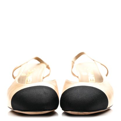 Chanel Goatskin Grosgrain Cap Toe CC Slingback Pumps 36.5 Beige Black 3 of 7