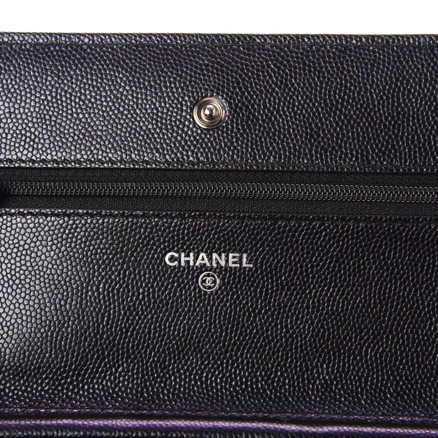 Iridescent Caviar Chevron Quilted Wallet On Chain WOC Black