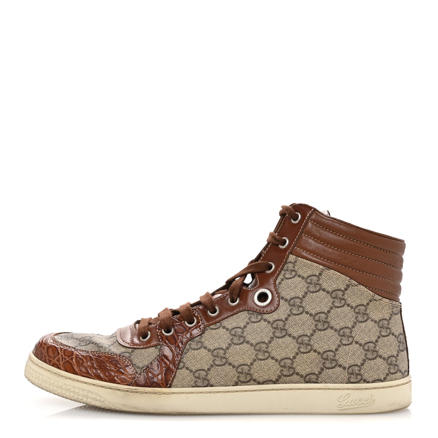 GG Plus Monogram Calfskin Crocodile Embossed Mens Coda High Top Sneakers 10.5 Brown