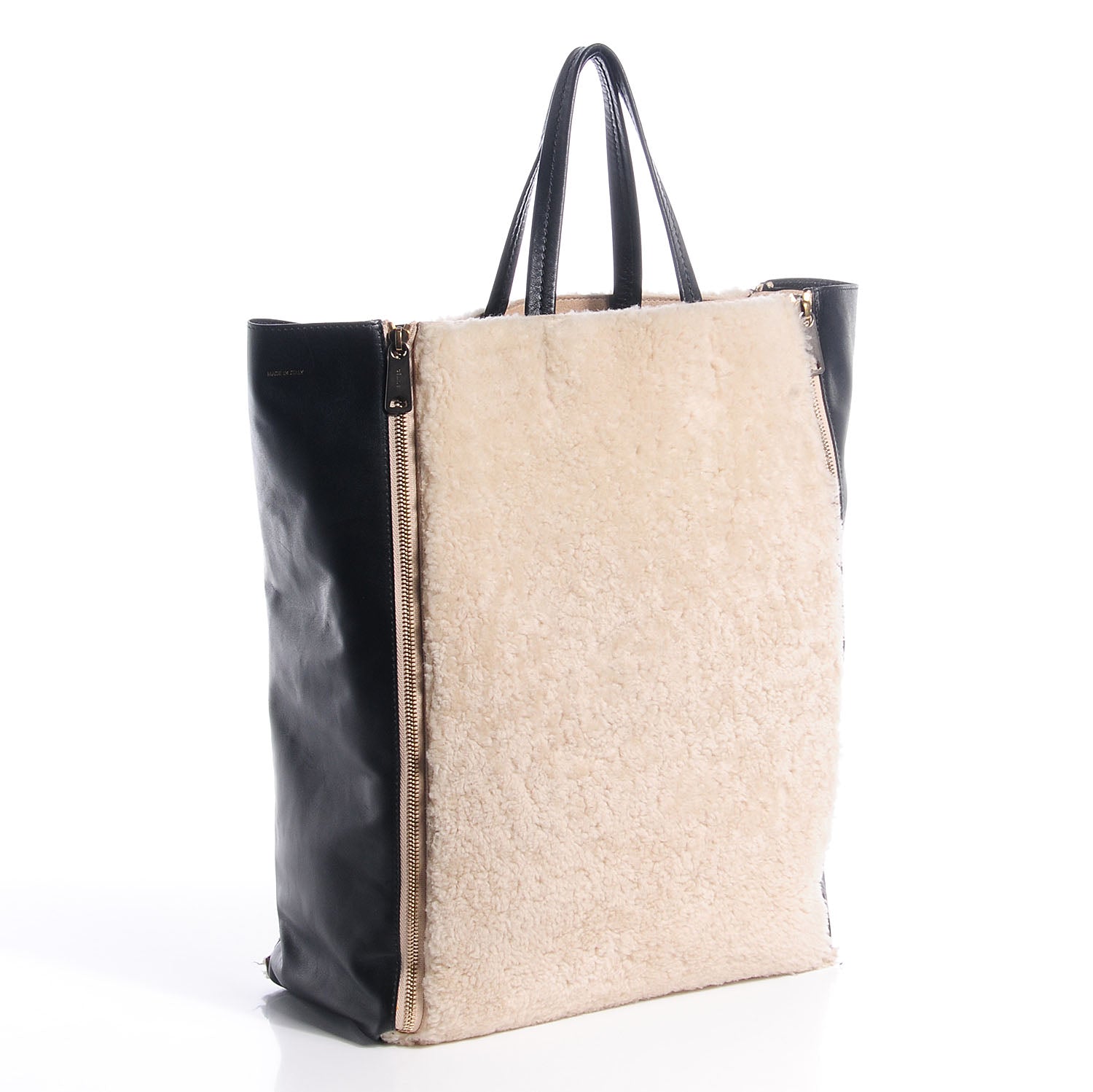Celine Shearling Calfskin Vertical Zip Gusset Cabas Black 3 of 9