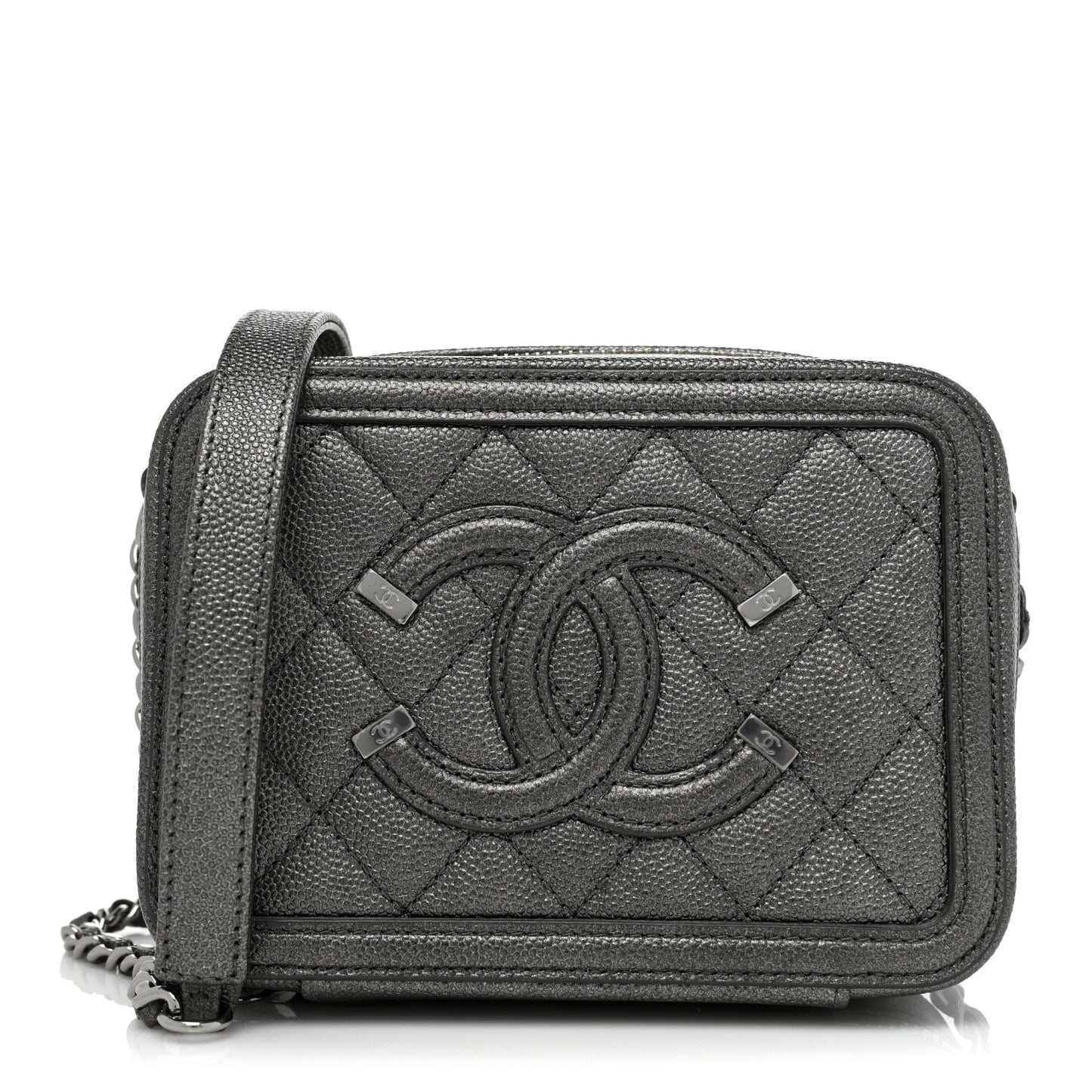 Metallic Caviar Quilted CC Filigree Vanity Clutch With Chain Dark Silver