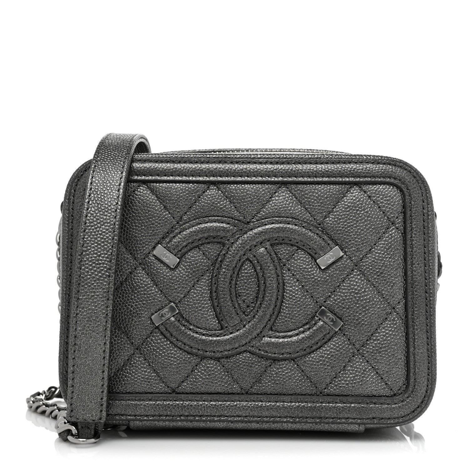 Chanel Metallic Caviar Quilted CC Filigree Vanity Clutch With Chain Dark Silver 1 of 9