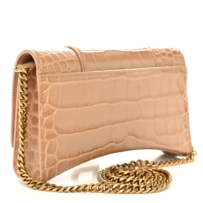Balenciaga Shiny Calfskin Crocodile Embossed Hourglass Chain Bag Nude Beige 3 of 9