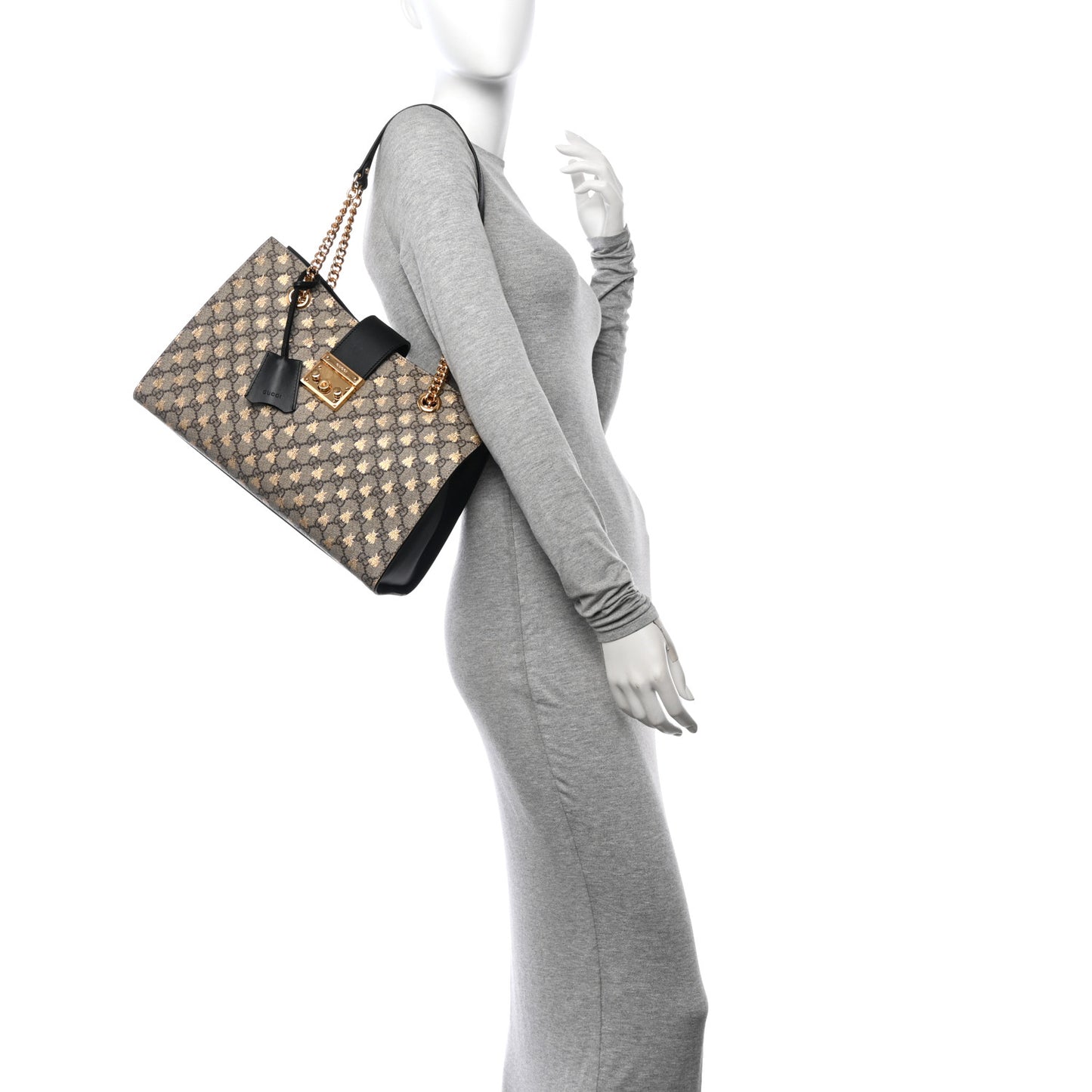 GG Supreme Monogram Bees Medium Padlock Tote Beige Oro Black
