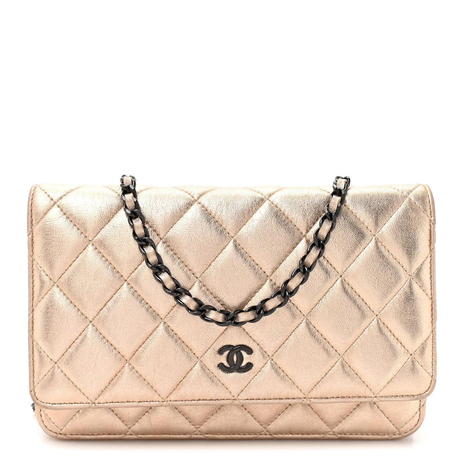 Chanel Metallic Lambskin Quilted Wallet On Chain WOC Gold Black 1 of 14