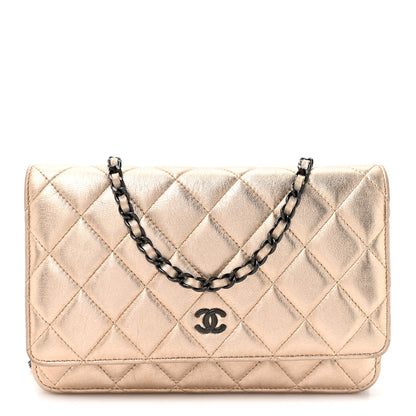 Chanel Metallic Lambskin Quilted Wallet On Chain WOC Gold Black 1 of 14