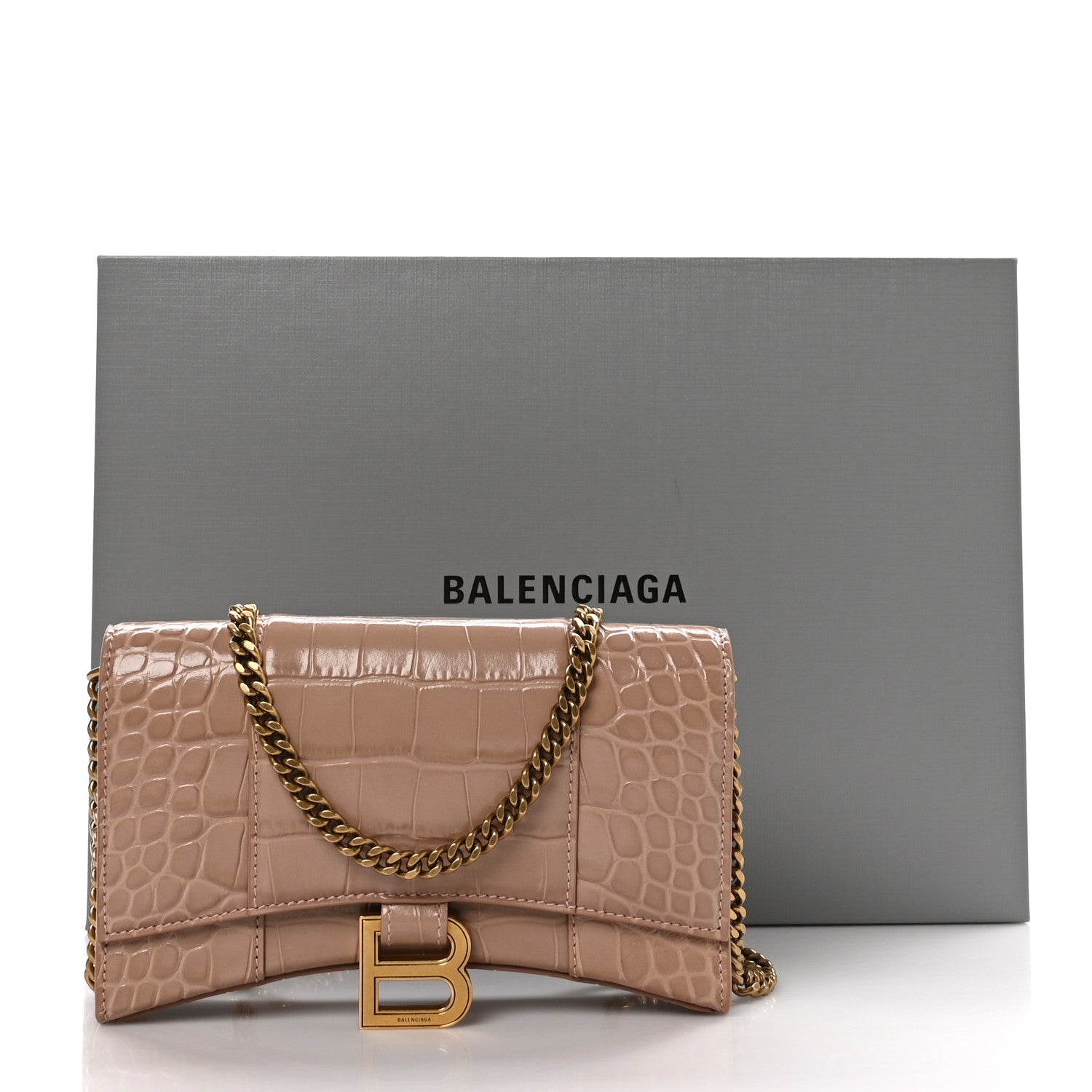 Balenciaga Shiny Calfskin Crocodile Embossed Hourglass Chain Bag Nude Beige 12 of 12