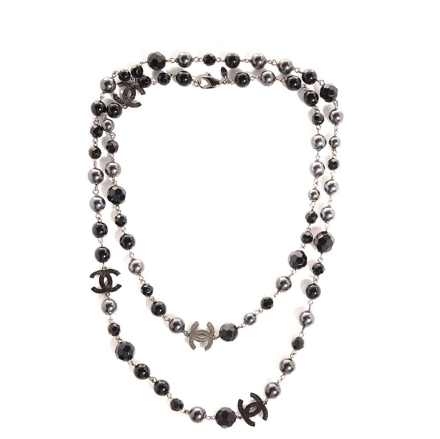 Ruthenium Pearl Beaded CC Long Necklace Black
