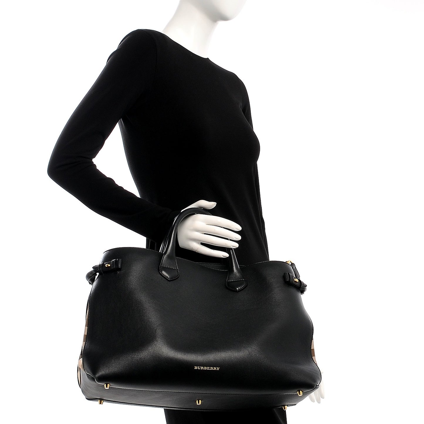 Grainy Calfskin House Check Large Banner Tote Black