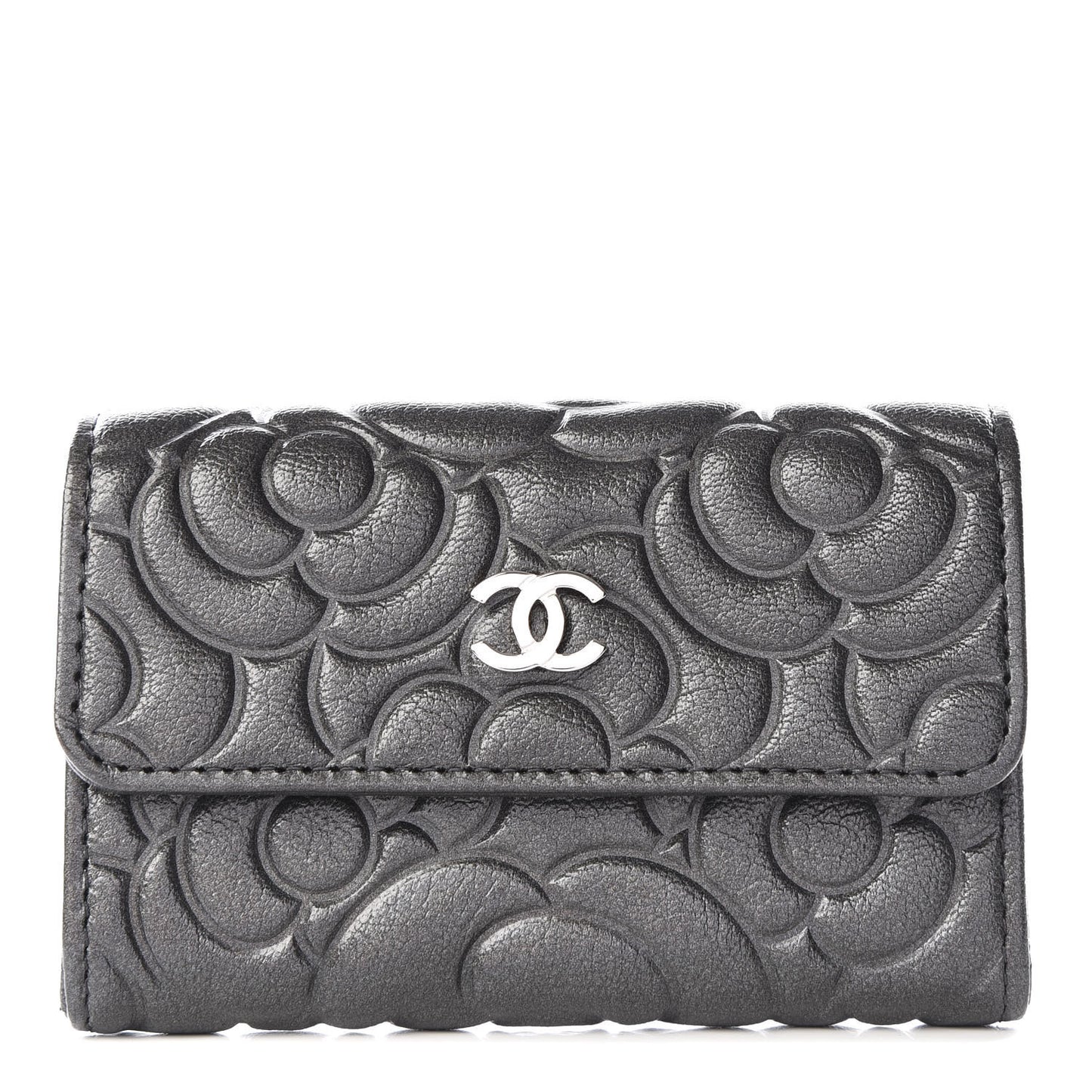 Goatskin Camellia Embossed Flap Card Holder Wallet Grey