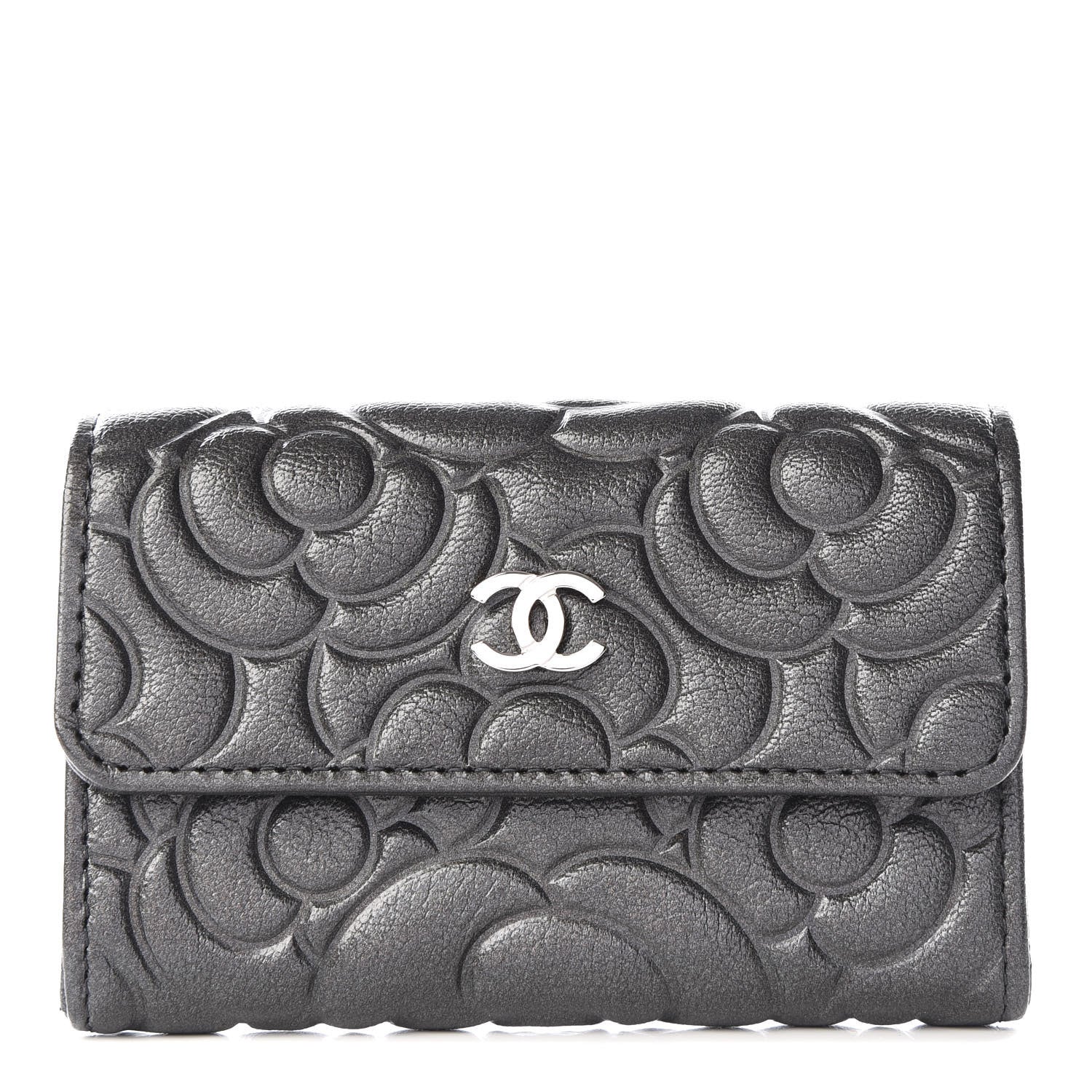 Chanel Goatskin Camellia Embossed Flap Card Holder Wallet Grey 1 of 11