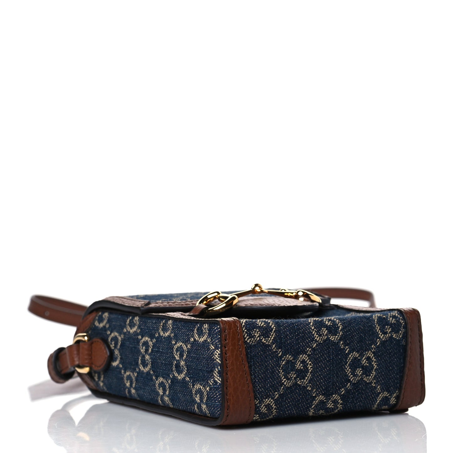 New Denim GG Monogram Dollar Calfskin Mini Horsebit 1955 Crossbody Bag Blue Tea Cuir Epilog