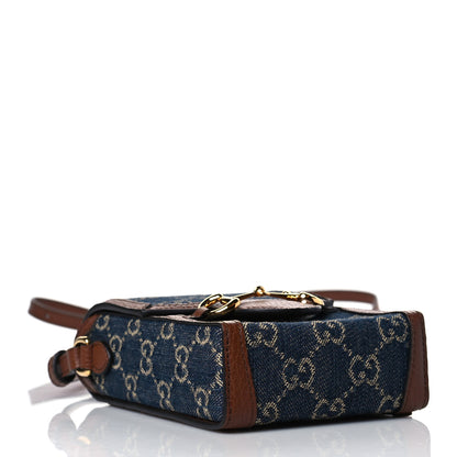 Gucci New Denim GG Monogram Dollar Calfskin Mini Horsebit 1955 Crossbody Bag Blue Tea Cuir Epilog 4 of 10