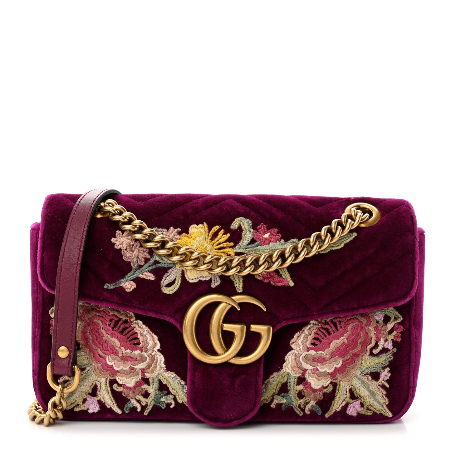 Velvet Matelasse Embroidered Small GG Marmont Shoulder Bag Fuchsia Violet Cyclamen