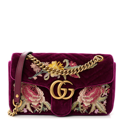 Gucci Velvet Matelasse Embroidered Small GG Marmont Shoulder Bag Fuchsia Violet Cyclamen 1 of 10
