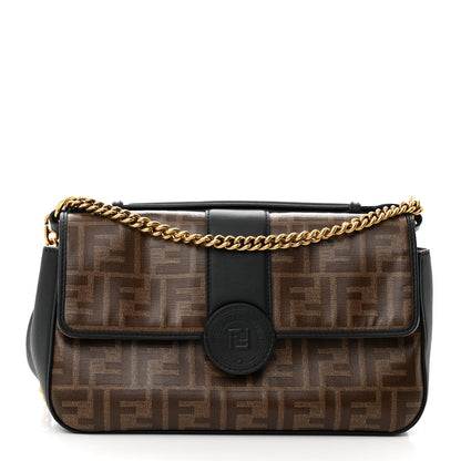 Fendi Vitello Grace Glazed Fabric FF 1974 Double F Shoulder Bag Black Mogano Panna 1 of 12