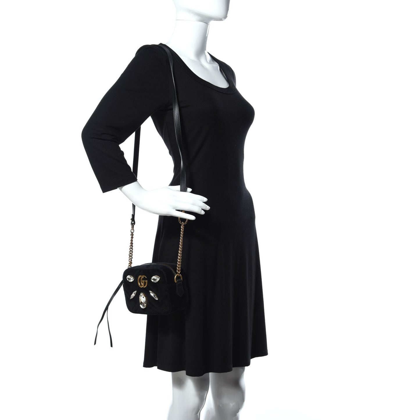 Velvet Matelasse Marquise Crystals Mini GG Marmont Chain Shoulder Bag Black