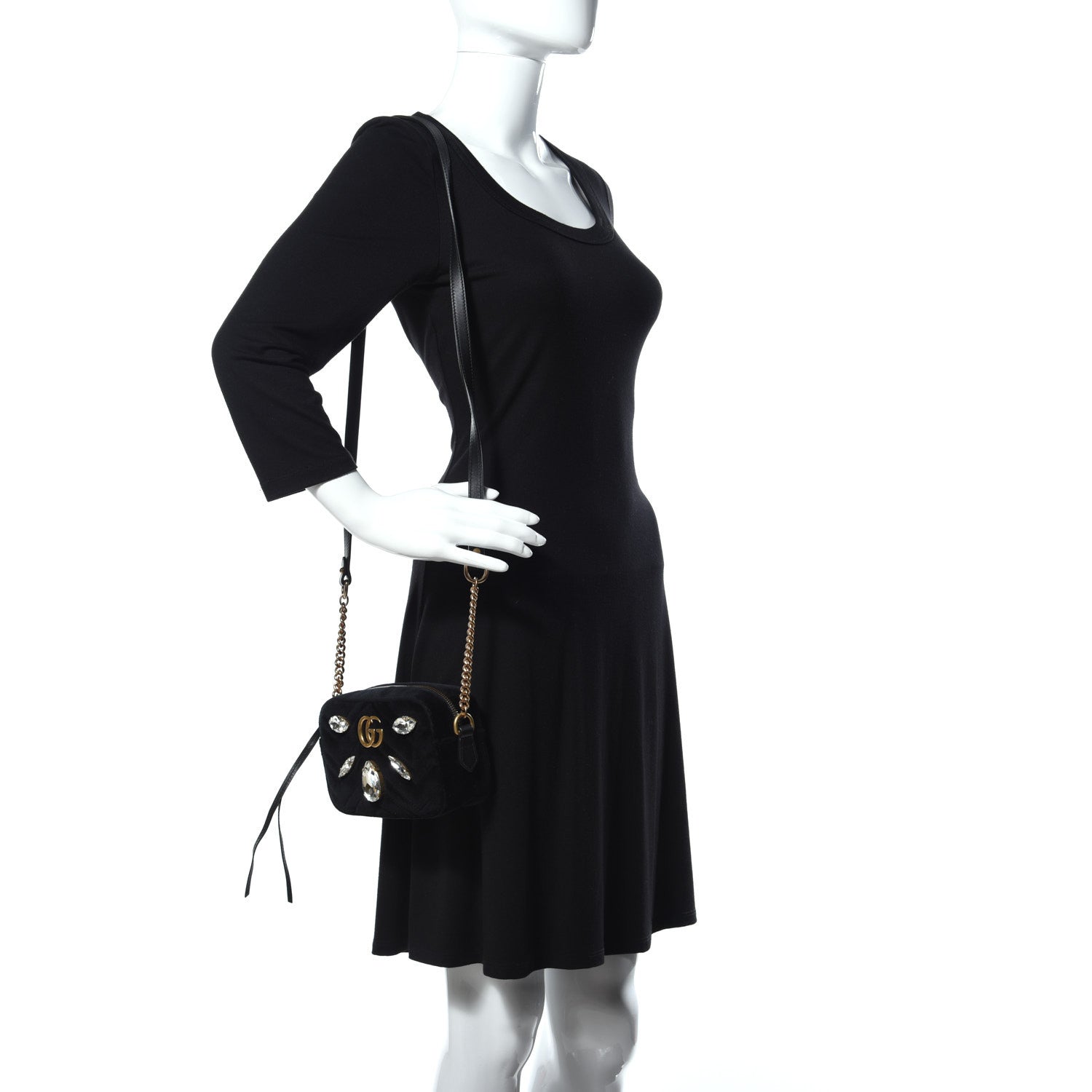 Gucci Velvet Matelasse Marquise Crystals Mini GG Marmont Chain Shoulder Bag Black 2 of 13