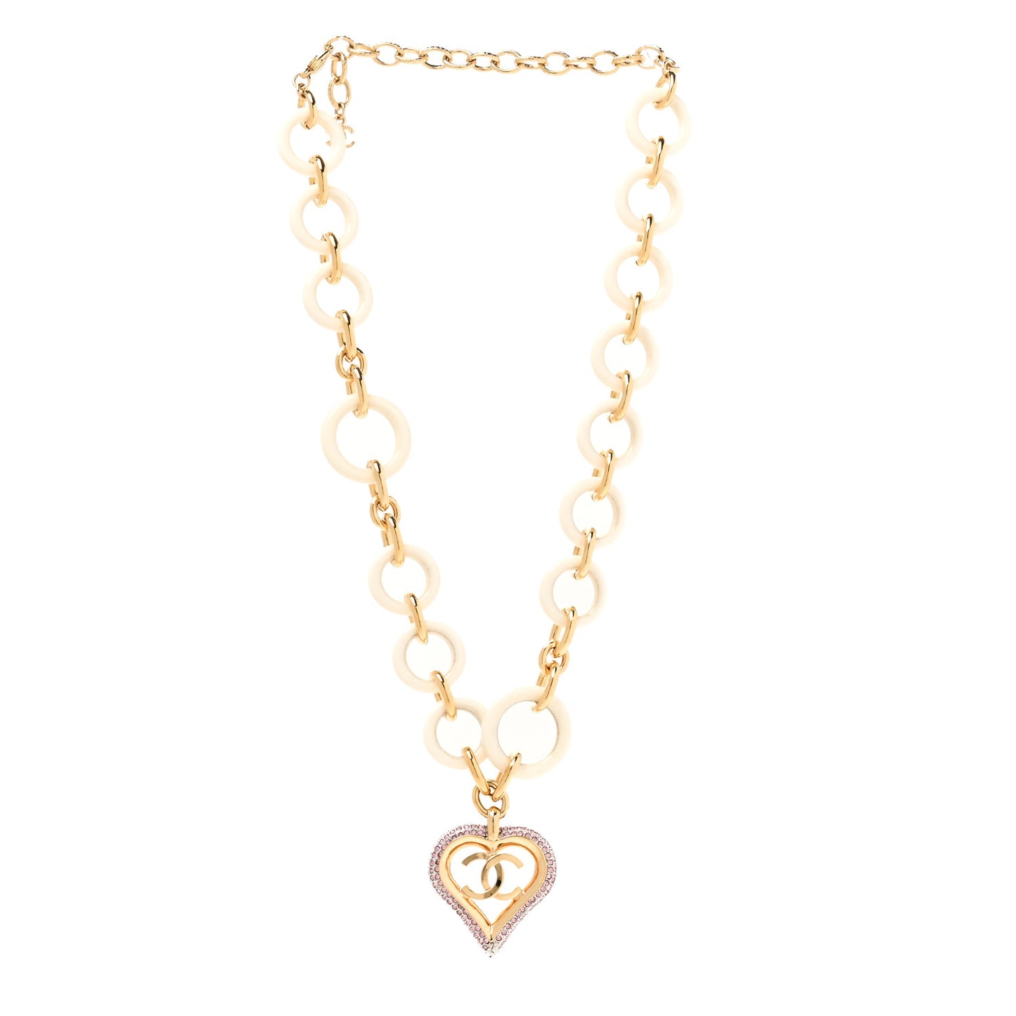 Pearl Crystal Resin CC Heart Necklace Pink Gold White