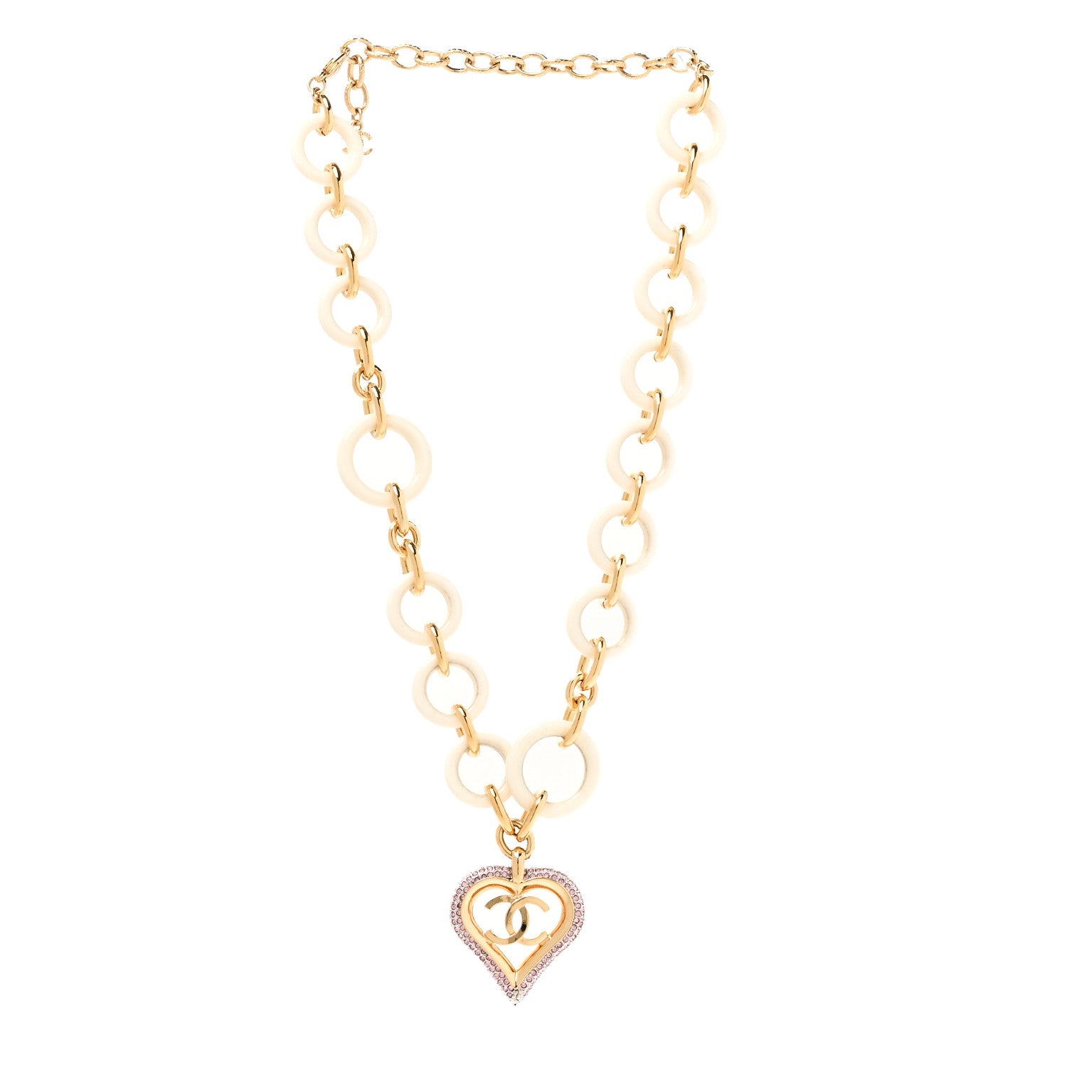 Chanel Pearl Crystal Resin CC Heart Necklace Pink Gold White 3 of 6