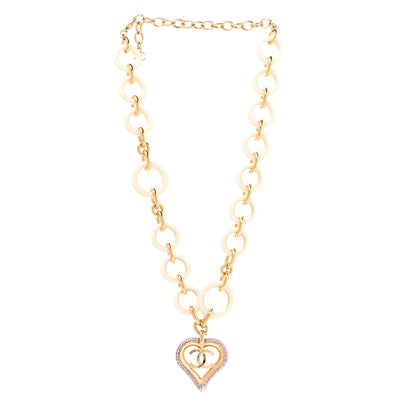 Chanel Pearl Crystal Resin CC Heart Necklace Pink Gold White 3 of 6