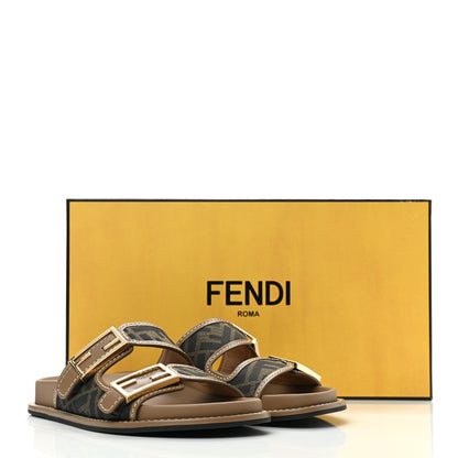 Fendi Fabric Jacquard Nappa FF Womens Fendi Feel Buckled Slide Sandals 36 Tobacco Black Miele Scuro 9 of 9