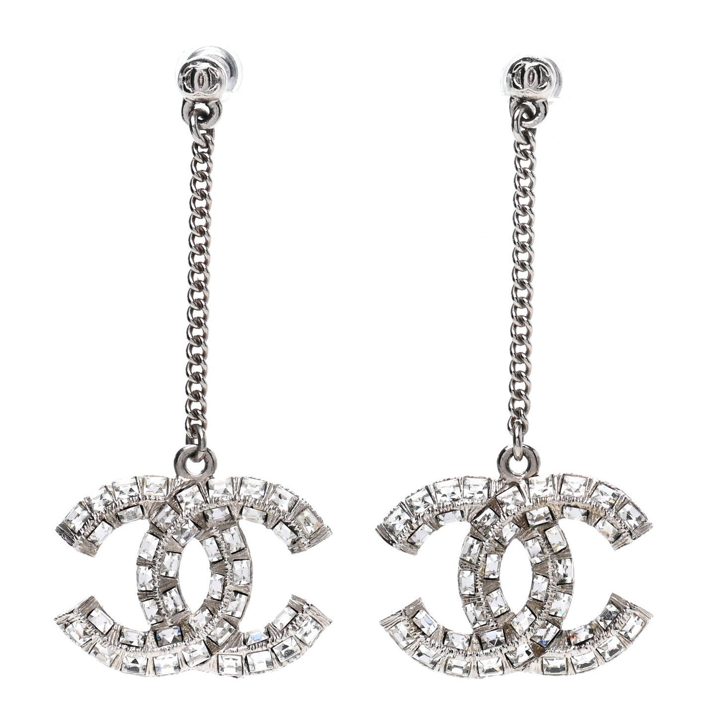 Baguette Crystal CC Drop Earrings Silver