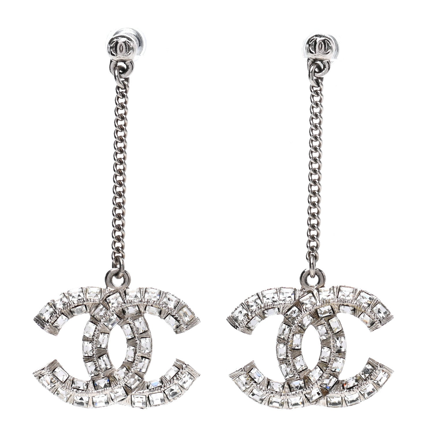 Chanel Baguette Crystal CC Drop Earrings Silver 1 of 5
