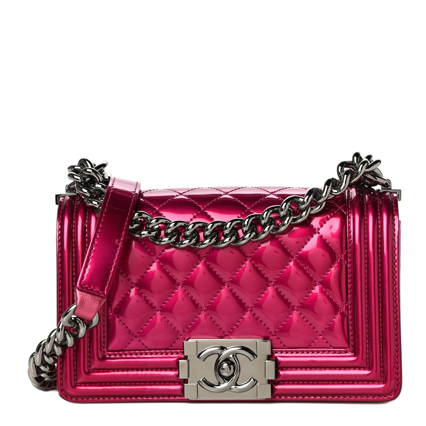 Metallic Patent Calfskin Quilted Small Boy Flap Pink