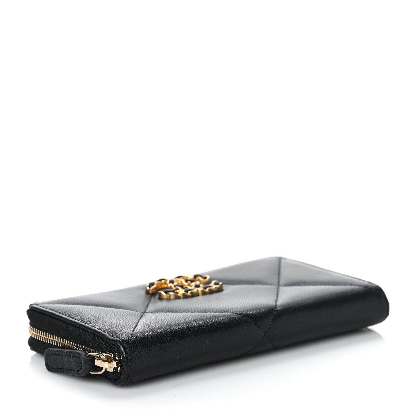 Shiny Goatskin Quilted Chanel 19 Long Zipped Around Wallet Black
