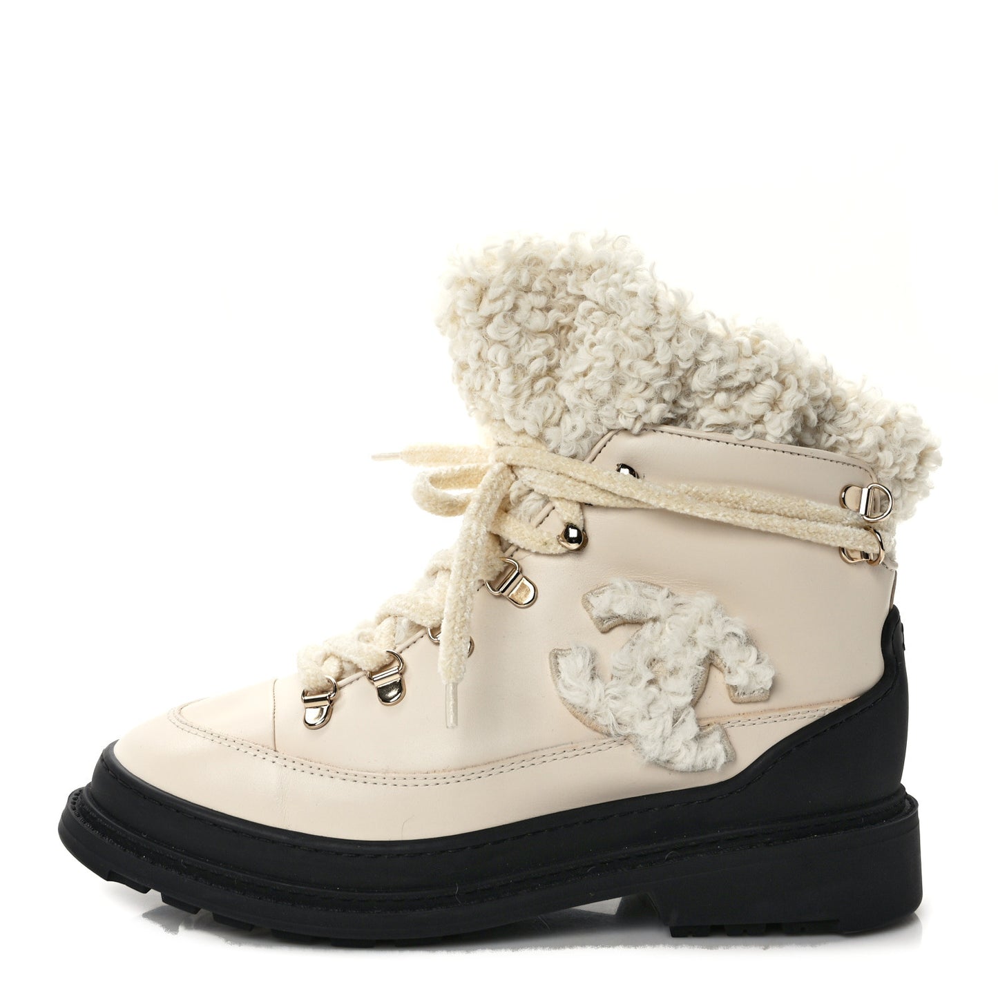 Calfskin Shearling CC Lace Up Boots 38 Light Beige Ivory