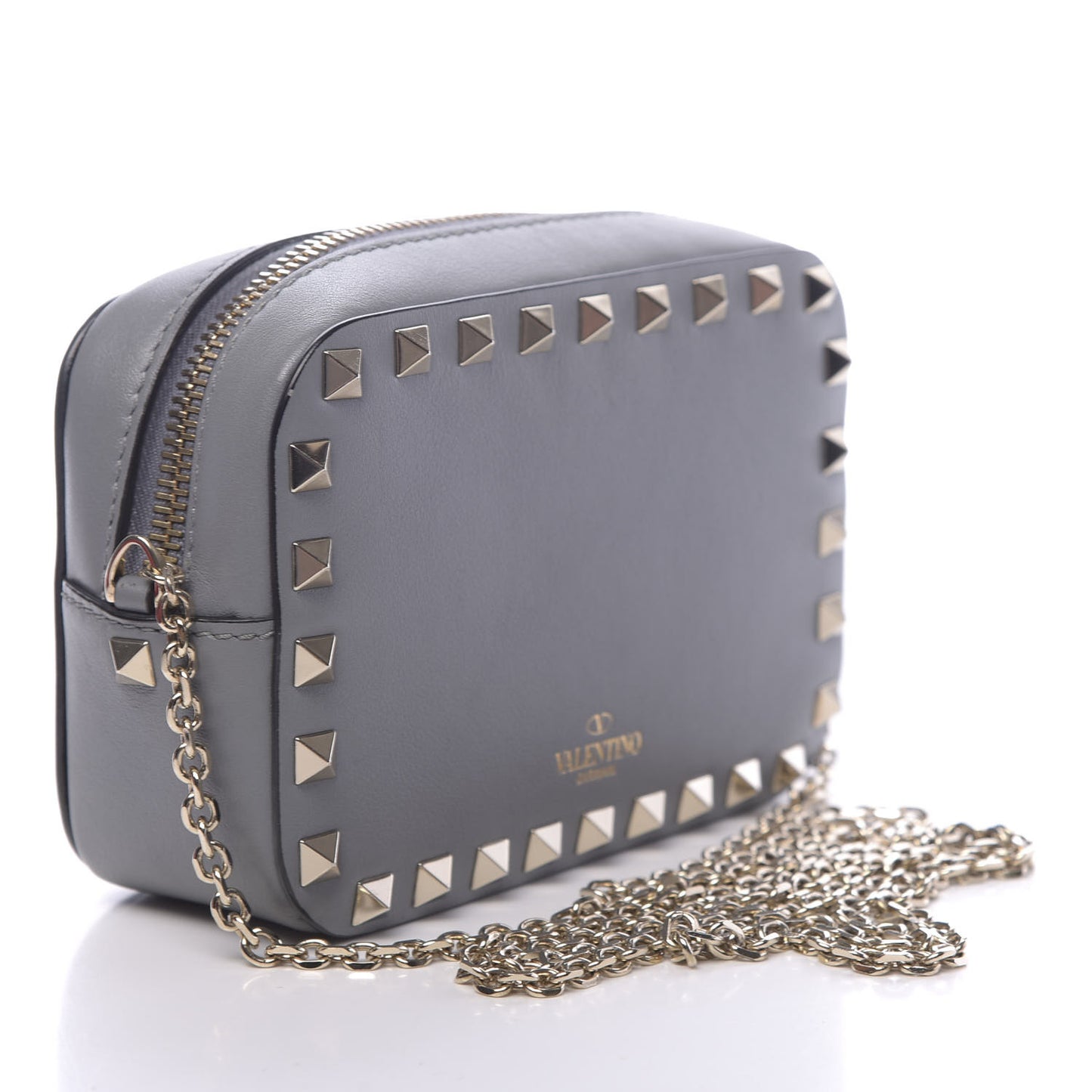 Calfskin Small Rockstud Chain Camera Crossbody Bag Grey