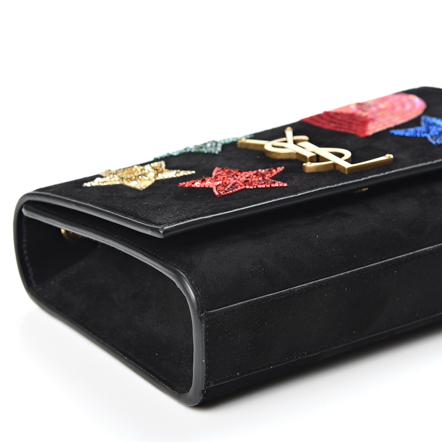 Saint Laurent Suede Embroidered Patches Small Monogram Kate Satchel Black 8 of 9