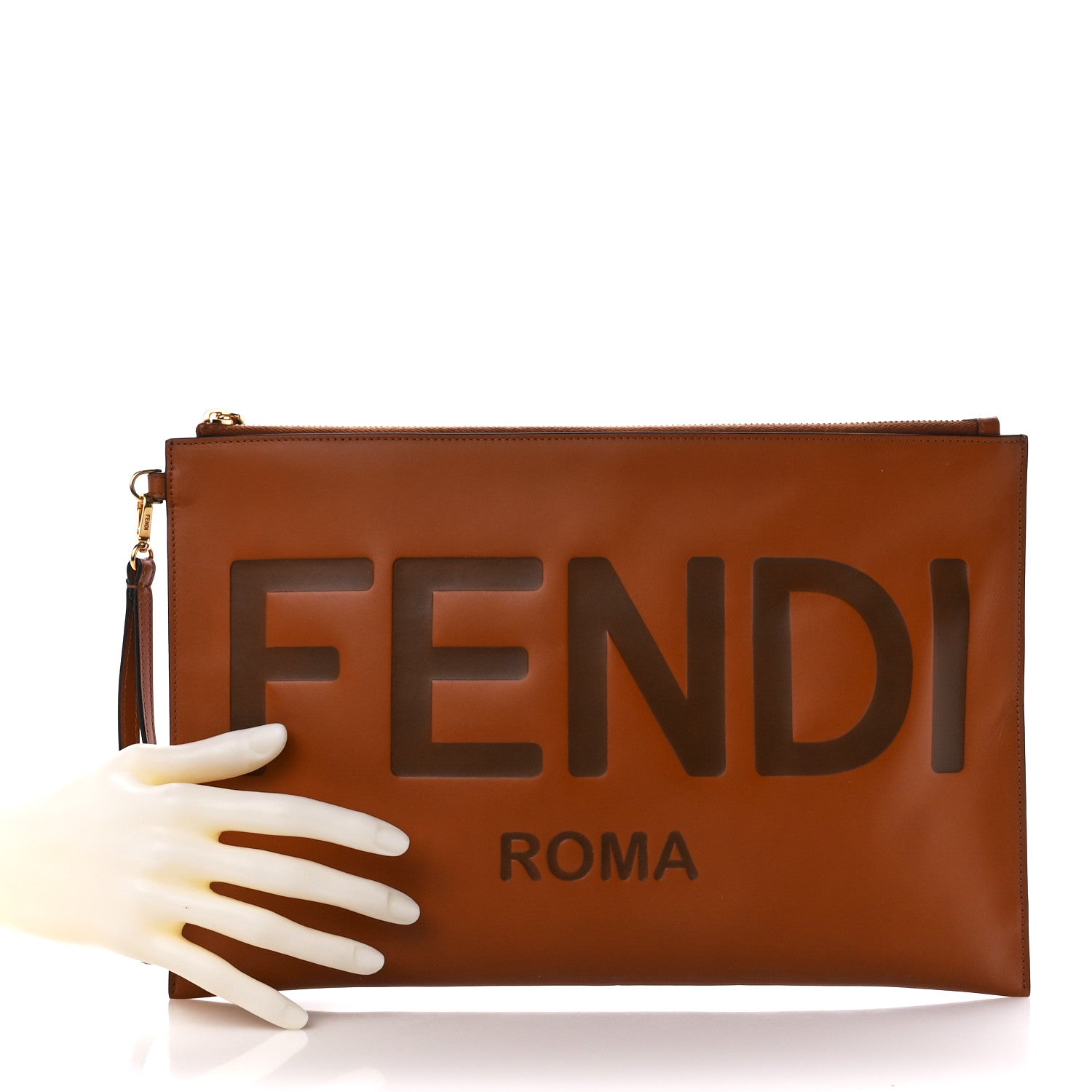 Fendi Vitello King Logo Embossed Large Flat Pouch Cuoio 2 of 11