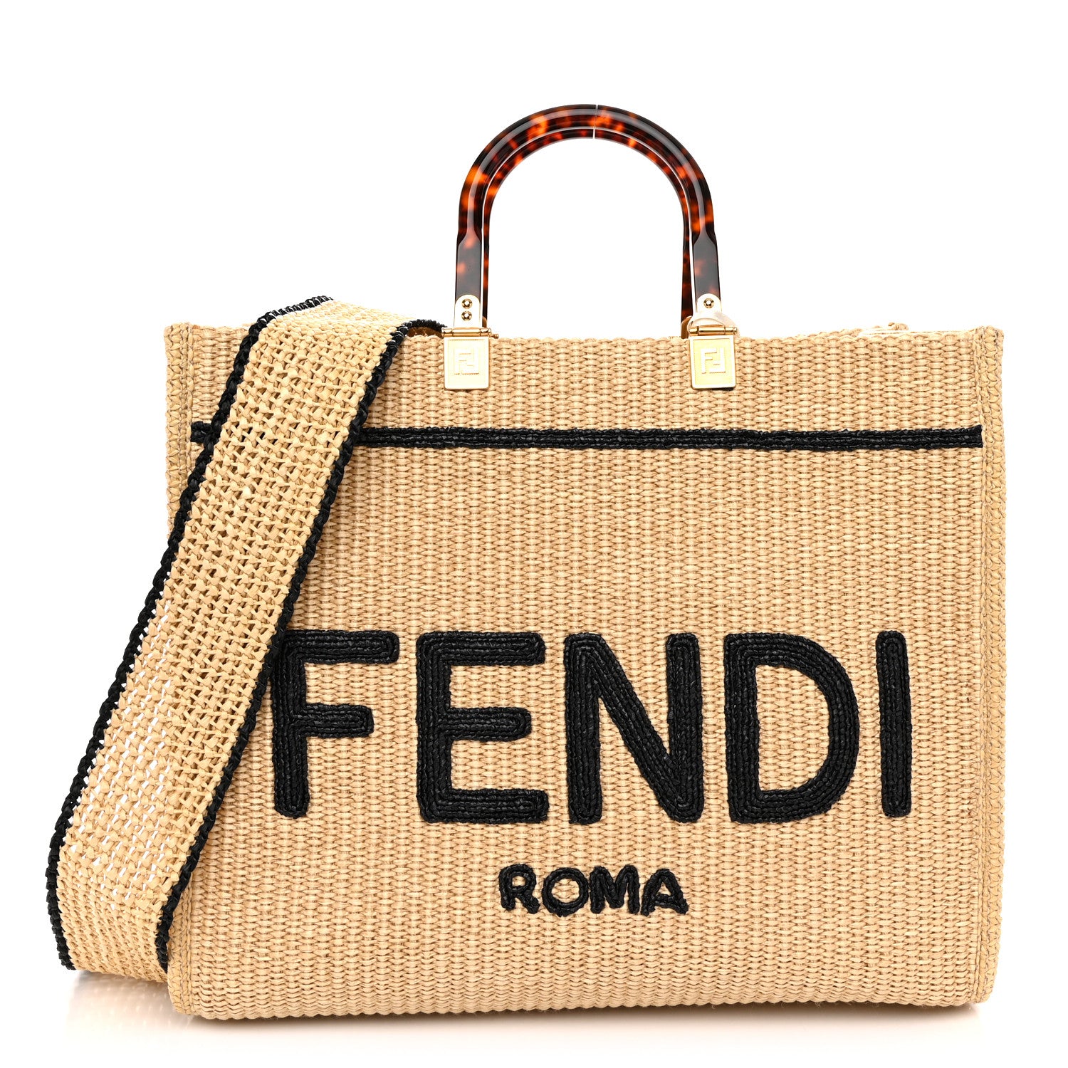 Fendi Straw Vitello King Plexiglass Woven Medium Fendi Sunshine Shopper Tote Natural Black 1 of 10