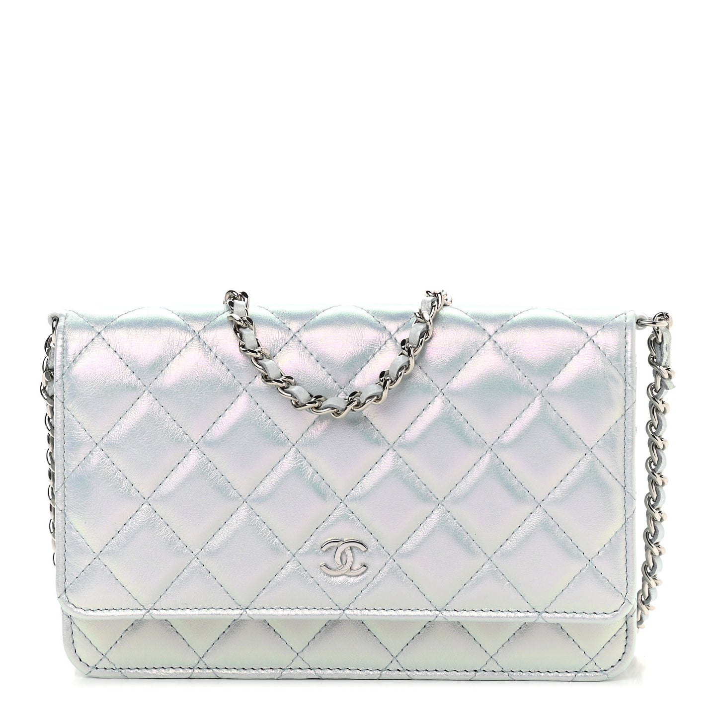 Iridescent Calfskin Quilted Wallet On Chain WOC Light Blue