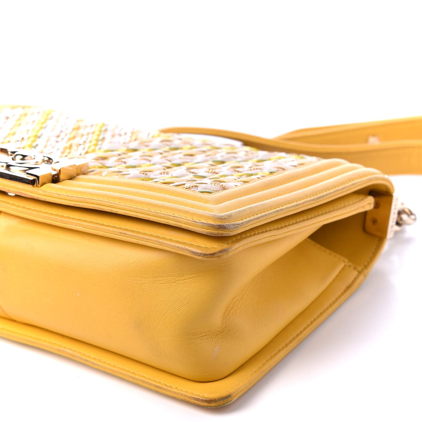 Calfskin Chevron Embroidered Medium Flap Yellow